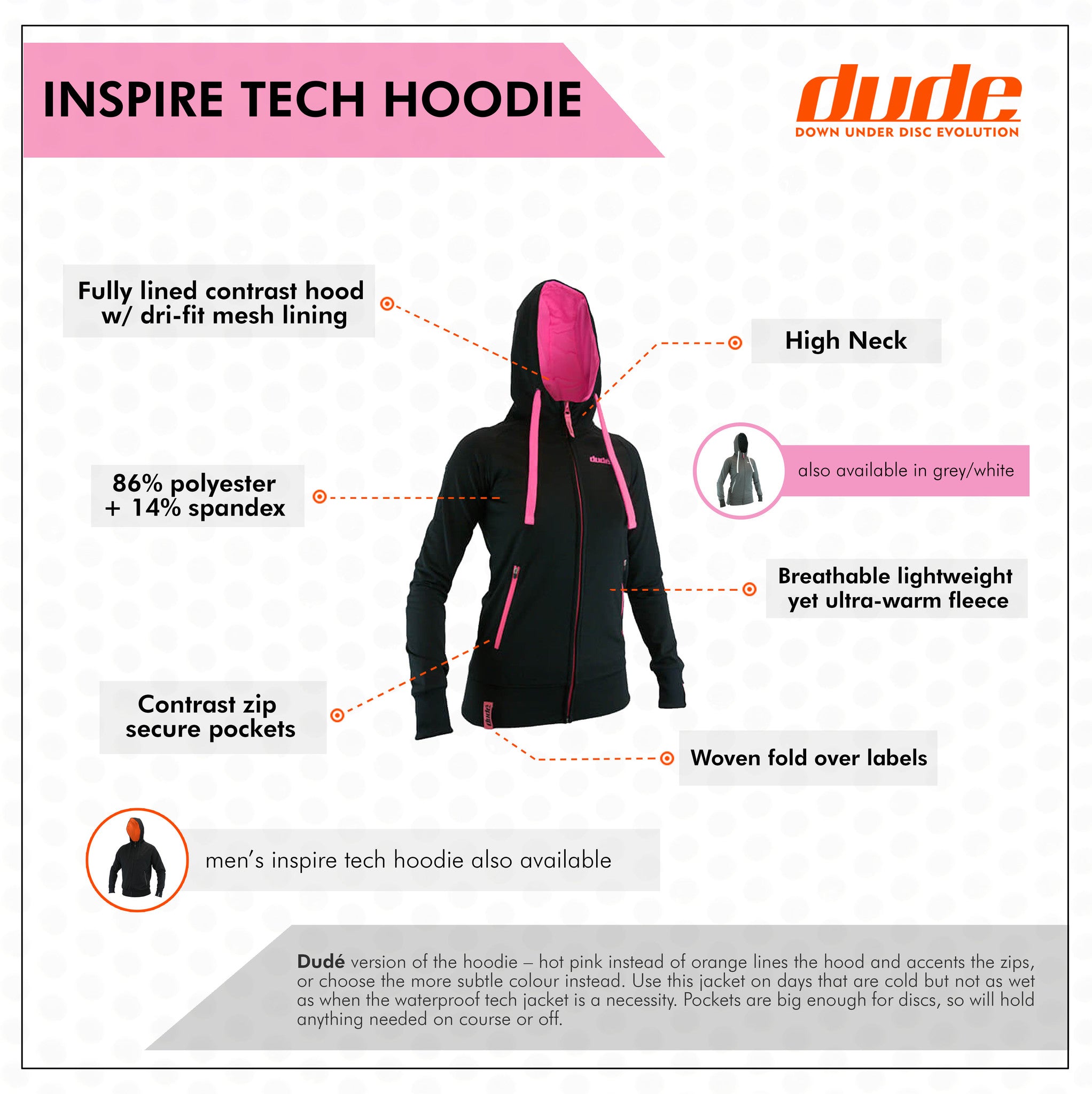 An image showing Ladies Inspire Tech Hoodie with Big pocket  enough for dude discs. 